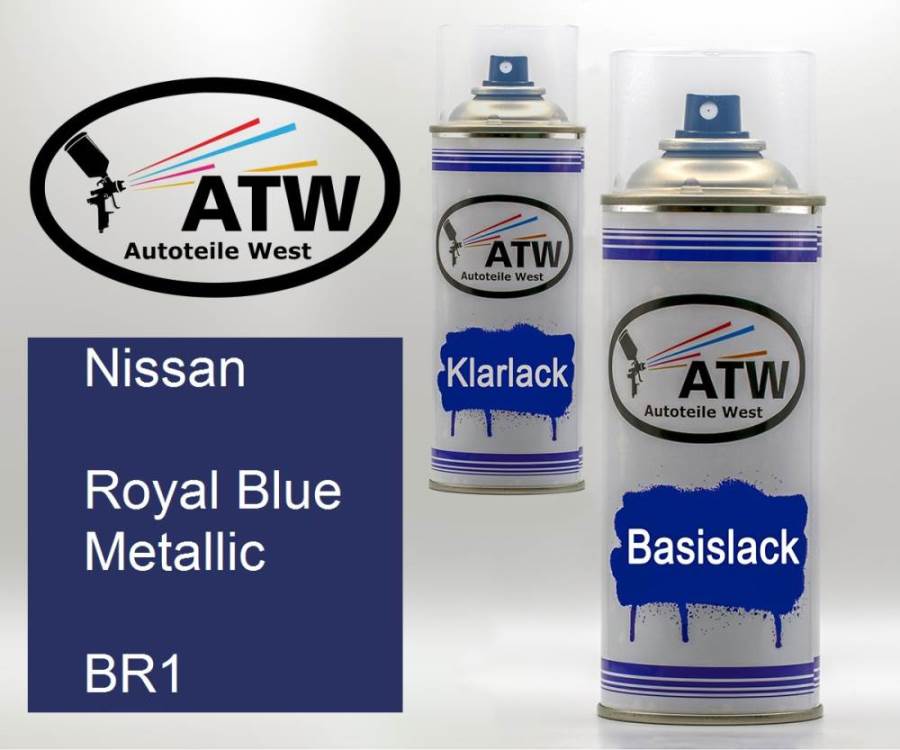 Nissan, Royal Blue Metallic, BR1: 400ml Sprühdose + 400ml Klarlack - Set, von ATW Autoteile West.